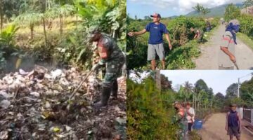 Koramil 421-03/Pnh Dukung Lomba Desa Helau, Babinsa dan Warga Gotong Royong Bersihkan Lingkungan