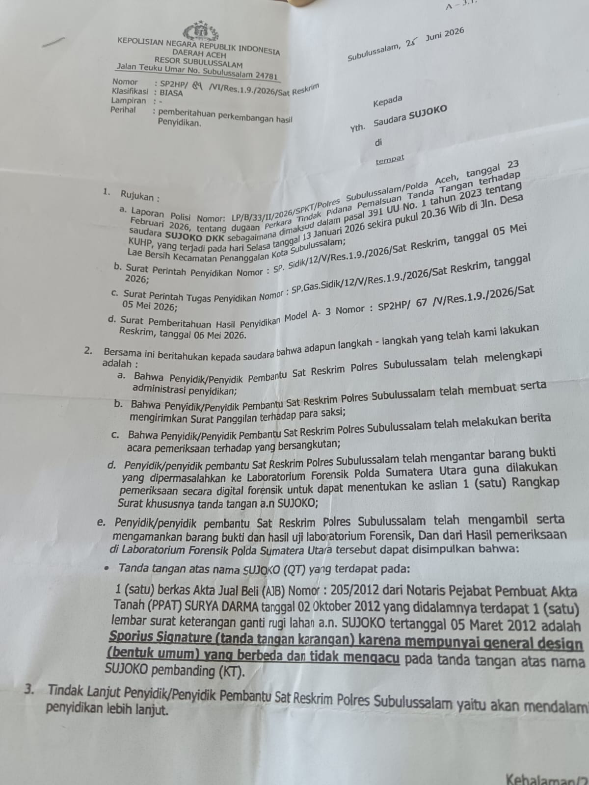 Sejumlah Warga Lae Saga Minta Penyidik Waspadai Upaya Pengaburan Fakta Sengketa Lahan