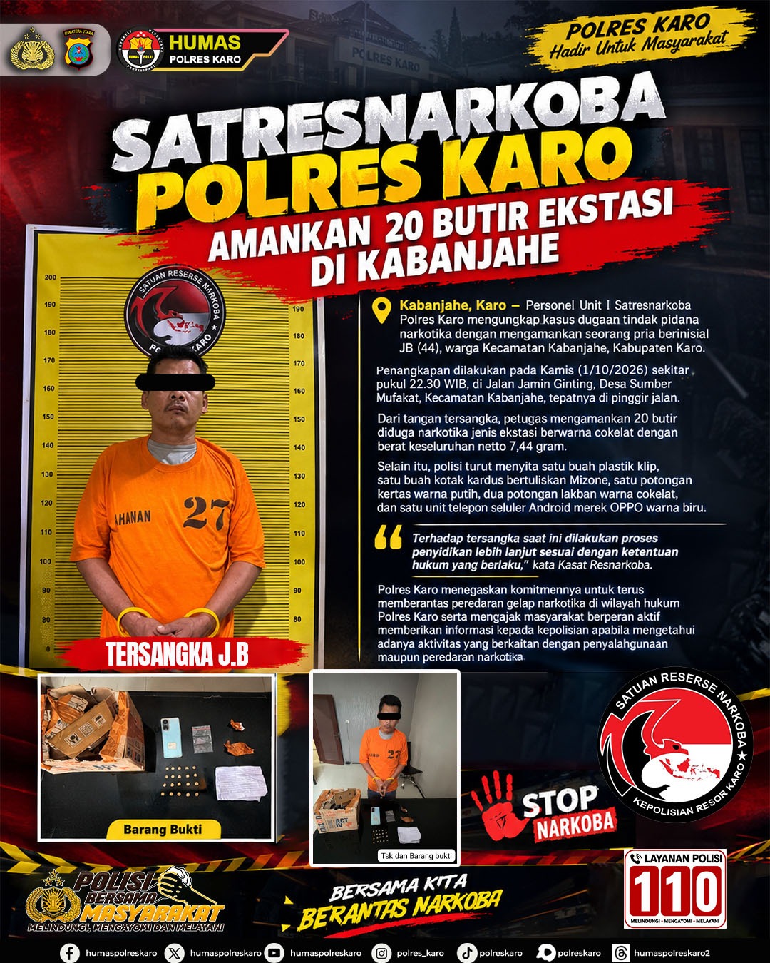 Satresnarkoba Polres Karo Amankan 20 Butir Ekstasi di Kabanjahe