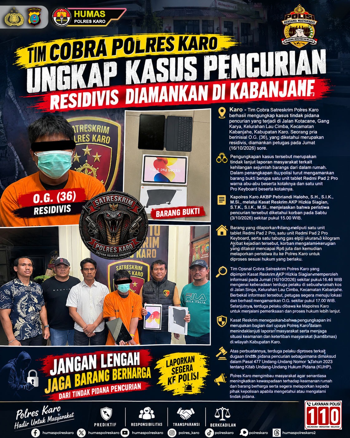 Tim Cobra Polres Karo Ungkap Kasus Pencurian, Residivis Diamankan di Kabanjahe